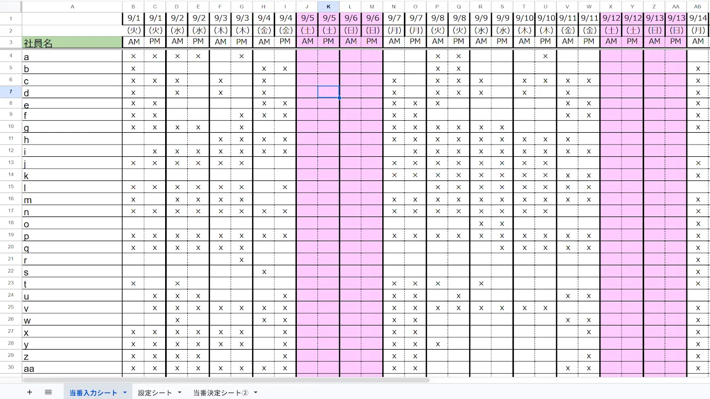 当番者が、入れない日に×をつけた入力表（名前は仮名）